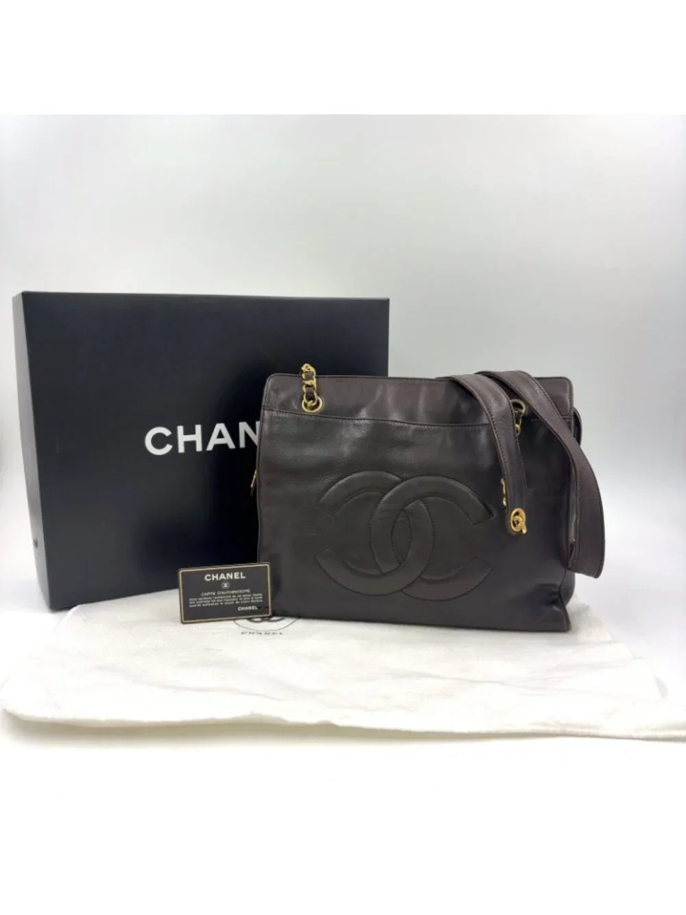 Chanel CC Logo Chain Lambskin Dark Brown Tote Bag Gold